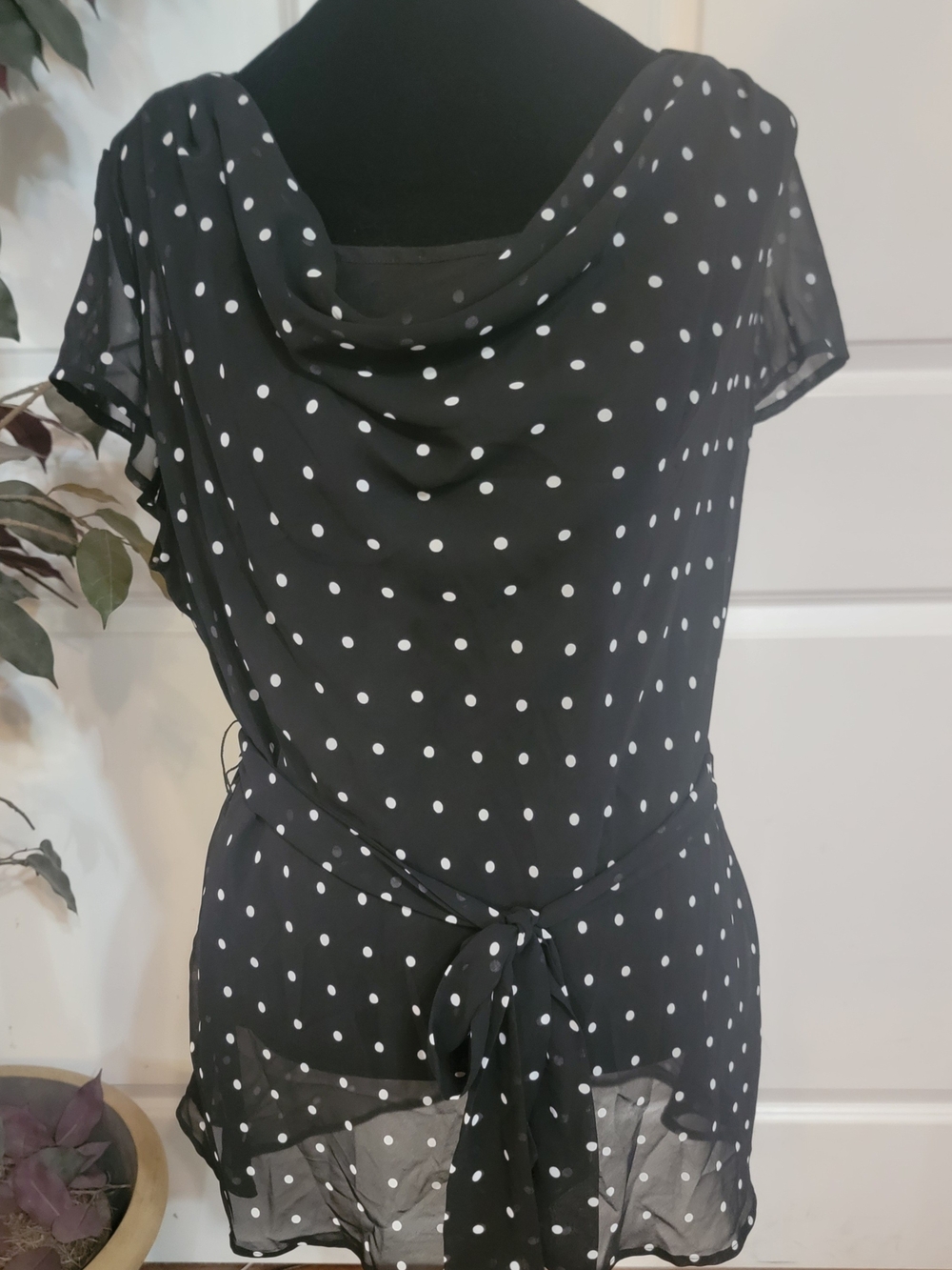 Worthington Black Polka Dot Tie-Waist Blouse